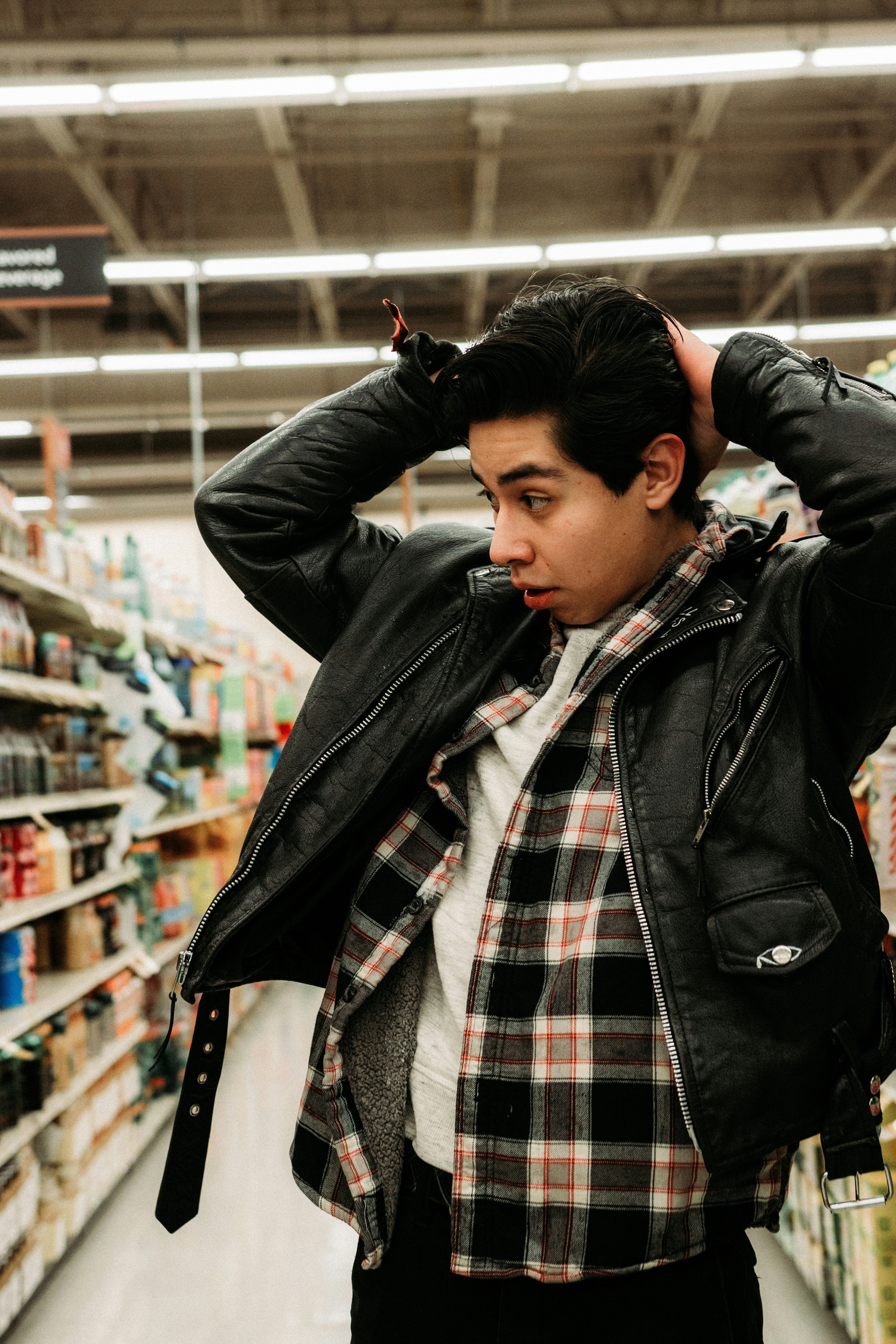 man in black leather jacket